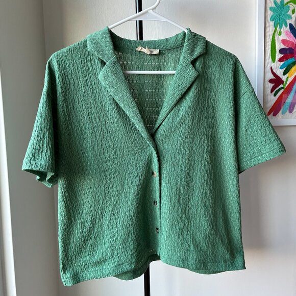 Madewell Green Crinkle-Knit Short Sleeve Button-Front Top - Picture 6 of 12